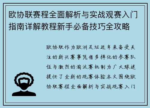 欧协联赛程全面解析与实战观赛入门指南详解教程新手必备技巧全攻略